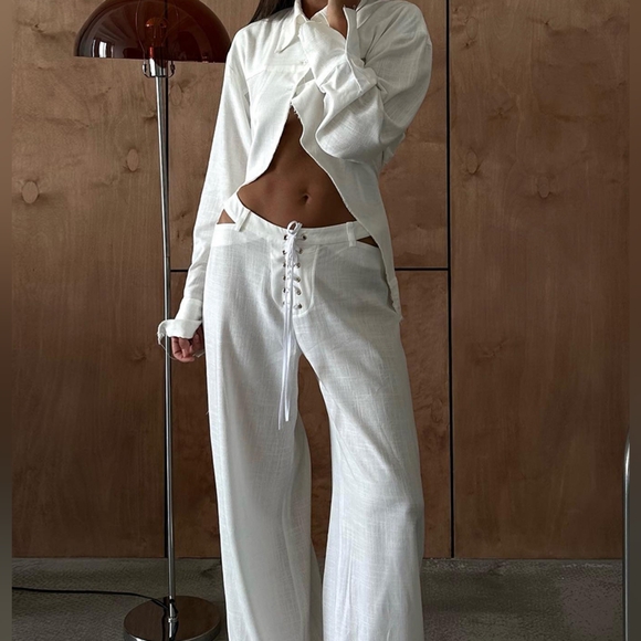 Fashion Loose White Linen Women's Two Pieces Set - Picture 3 of 6